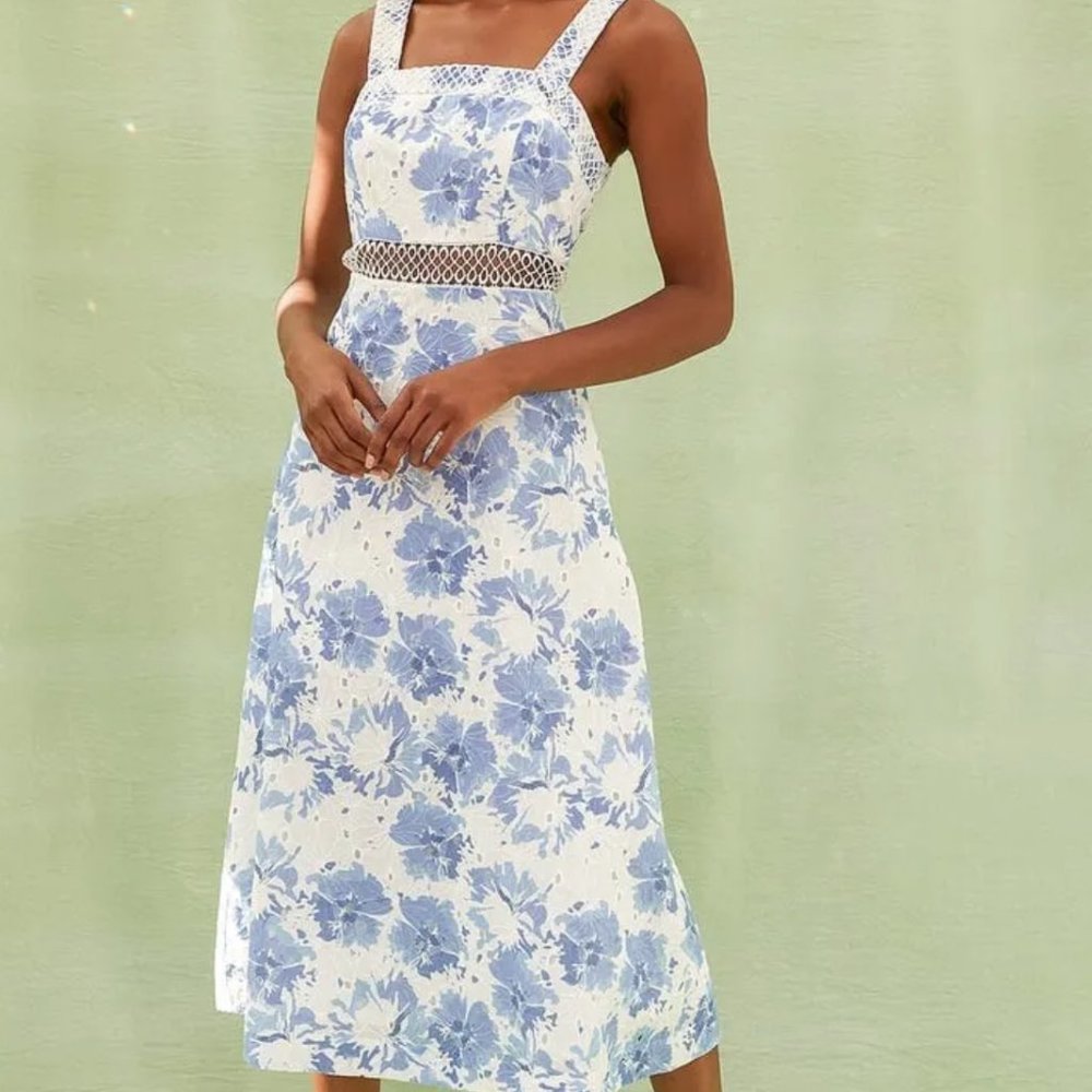 Lulus See the World Blue and White Floral Print Midi Dress